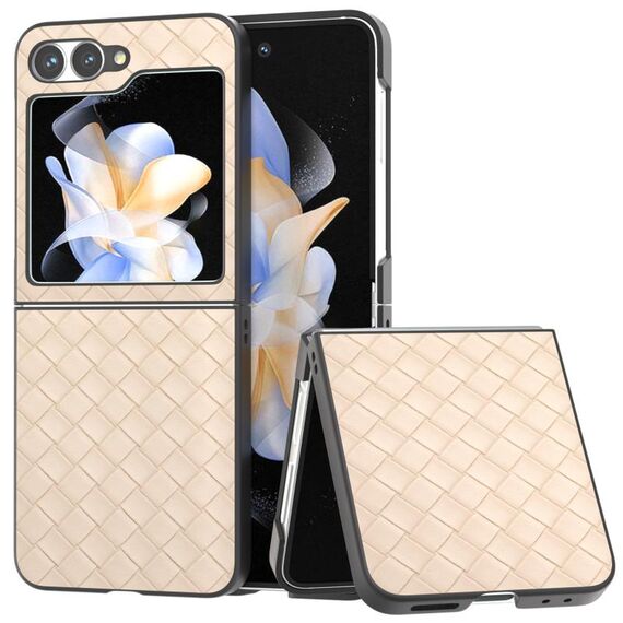 Custodia per telefono in PU con trama intrecciata con cornice nera per Samsung Galaxy Z Flip6 (beige)