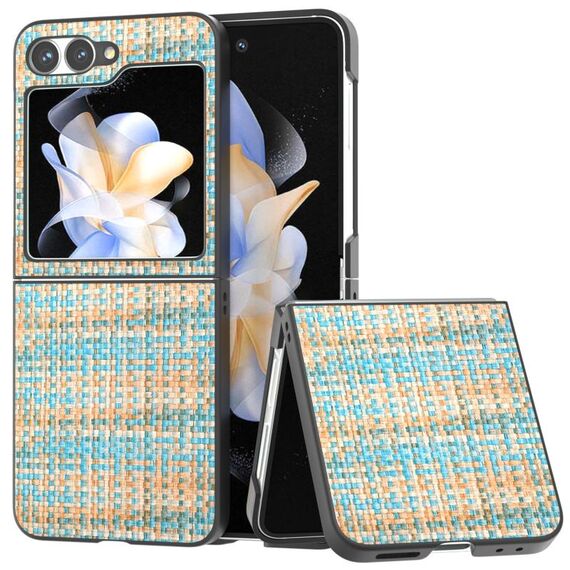Per Samsung Galaxy Z Flip6 Custodia per telefono in PU con struttura a reticolo colorato con cornice nera (blu)