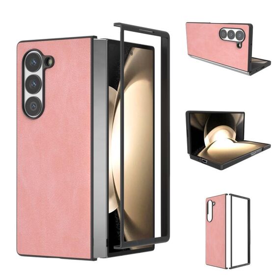 Custodia per telefono a copertura totale in pelle PU con cornice nera per Samsung Galaxy Z Fold6 (rosa)