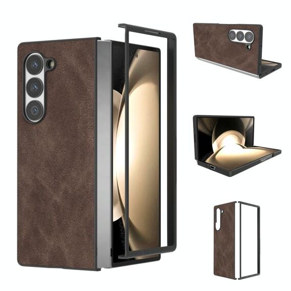 Custodia per telefono a copertura totale in pelle PU con cornice nera per Samsung Galaxy Z Fold6 (caffè)