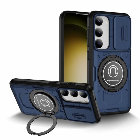 Per Samsung Galaxy S23 5G Custodia per telefono con supporto magnetico in TPU ibrido per PC scorrevole Camshield (blu scuro)