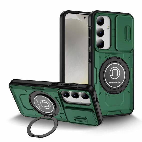 Custodia per telefono con supporto magnetico per PC ibrido TPU scorrevole Camshield per Samsung Galaxy S23+ 5G (verde scuro)