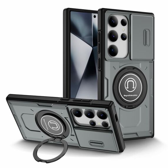 Custodia per telefono con supporto magnetico per PC ibrido TPU scorrevole Camshield per Samsung Galaxy S24 Ultra 5G (grigio)