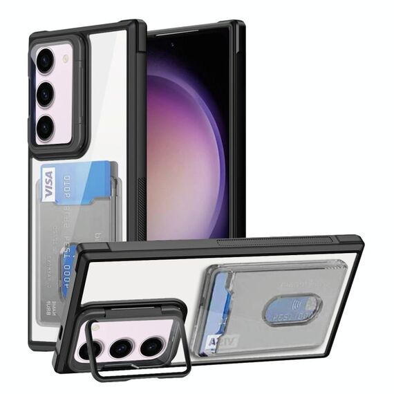 Per Samsung Galaxy S23+ 5G Porta carte di credito Custodia per telefono in TPU ibrido acrilico (nero)