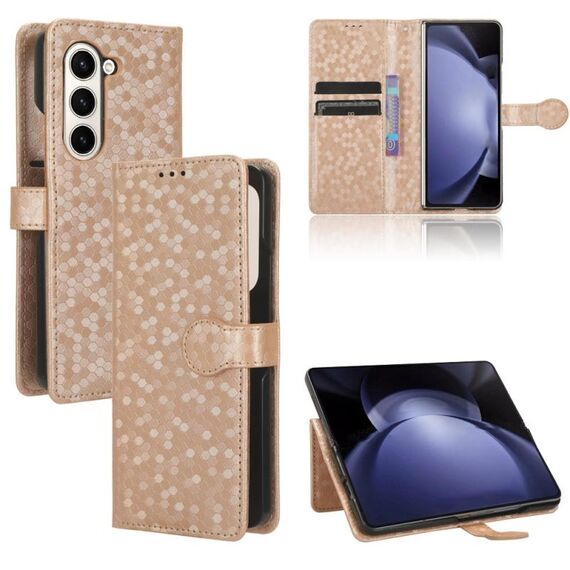Custodia per telefono in pelle con texture a nido d'ape per Samsung Galaxy Z Fold6 5G (oro)