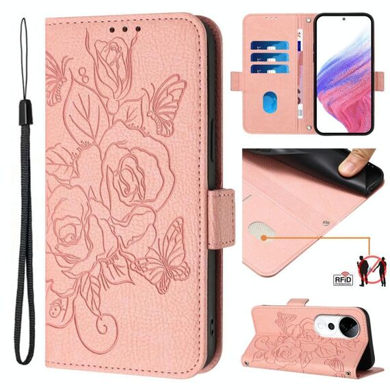 Per vivo S19 Pro Custodia in pelle antifurto RFID con motivo a rose in rilievo (rosa)