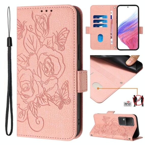 Per vivo V30 5G / V30 Pro 5G Custodia per telefono in pelle antifurto RFID con motivo a rose in rilievo globale (rosa)