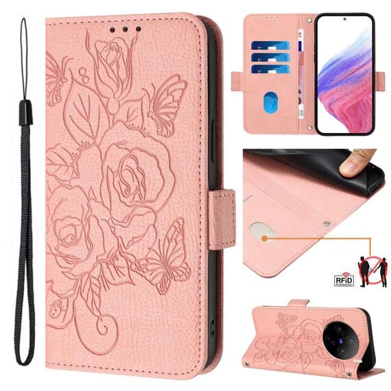Custodia per telefono antifurto in pelle RFID rosa goffrata per vivo X100 Pro 5G (rosa)