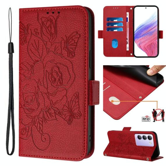 Per vivo V30 Lite 5G India / V40 SE 5G Custodia in pelle antifurto RFID con motivo rosa in rilievo (rosso)