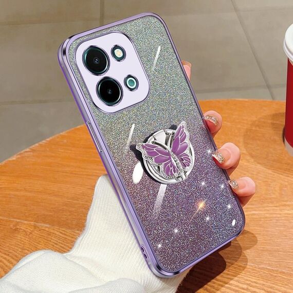 Custodia per telefono in TPU con supporto a farfalla con glitter sfumato placcato per vivo Y28 4G (viola)