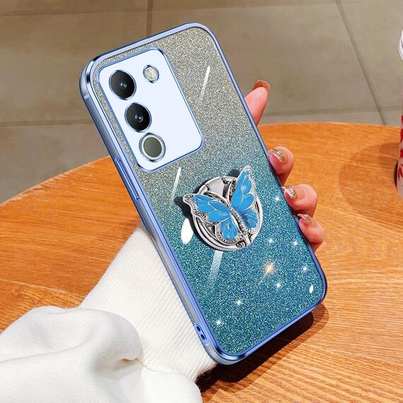 Custodia per telefono in TPU con supporto a farfalla con glitter sfumato placcato per vivo Y200 Global / V29E (Sierra Blue)
