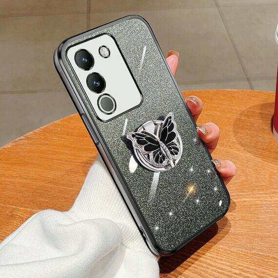 Custodia per telefono in TPU con supporto a farfalla con glitter sfumato placcato per vivo Y200 Global / V29E (nero)