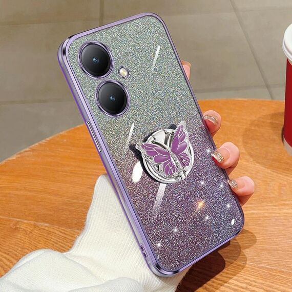 Custodia per telefono in TPU con supporto a farfalla con glitter sfumato placcato per vivo Y35+ (viola)