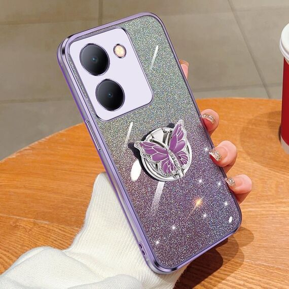 Per vivo Y78 Custodia per telefono in TPU con supporto a farfalla con glitter sfumato placcato (viola)