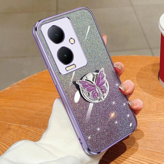 Custodia per telefono in TPU con supporto a farfalla con glitter sfumato placcato per vivo Y78+ (viola)