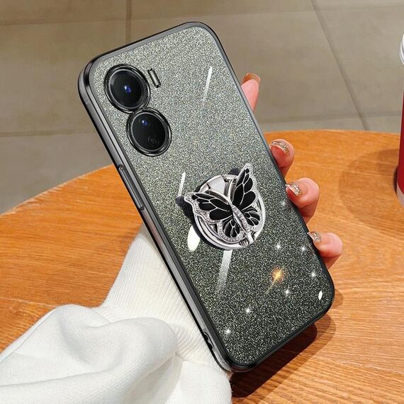 Per vivo Y16 Custodia per telefono in TPU con supporto a farfalla con glitter sfumato placcato (nero)