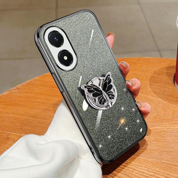 Per vivo Y02s Custodia per telefono in TPU con supporto a farfalla con glitter sfumato placcato (nero)