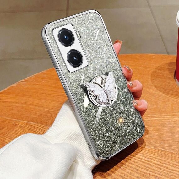 Per vivo Y77 5G Custodia per telefono in TPU con supporto a farfalla con glitter sfumato placcato (Argento)