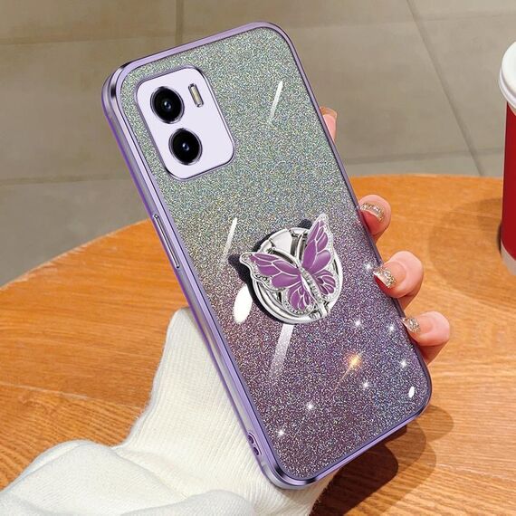 Custodia per telefono in TPU con supporto a farfalla con glitter sfumato placcato per vivo Y10 / Y15s 2021 (viola)