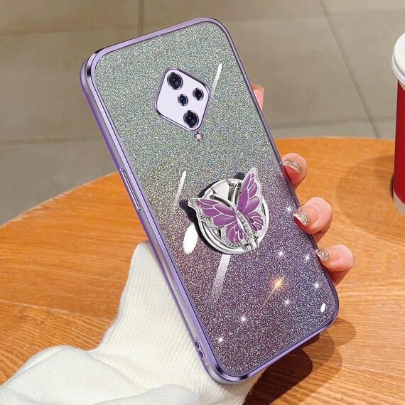 Custodia per telefono in TPU con supporto a farfalla con glitter sfumato placcato per vivo Y9s / V17 (viola)
