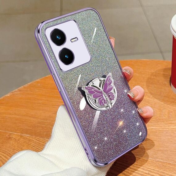 Per vivo Y22 / Y22s Custodia per telefono in TPU con supporto a farfalla con glitter sfumato placcato (viola)