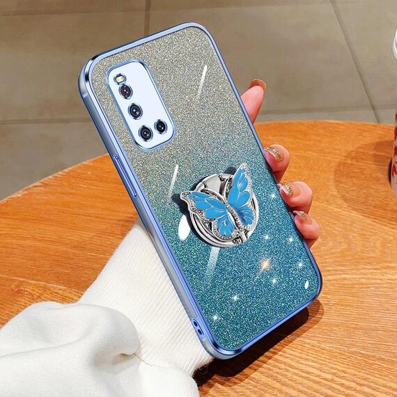 Custodia per telefono in TPU con supporto a farfalla con glitter sfumato placcato India per vivo V19 (Sierra Blue)