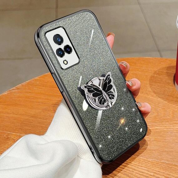 Per vivo V21 4G / 5G Custodia per telefono in TPU con supporto a farfalla con glitter sfumato placcato (nero)