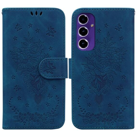 Custodia per telefono in pelle goffrata rosa farfalla per Samsung Galaxy S24 FE 5G (blu)