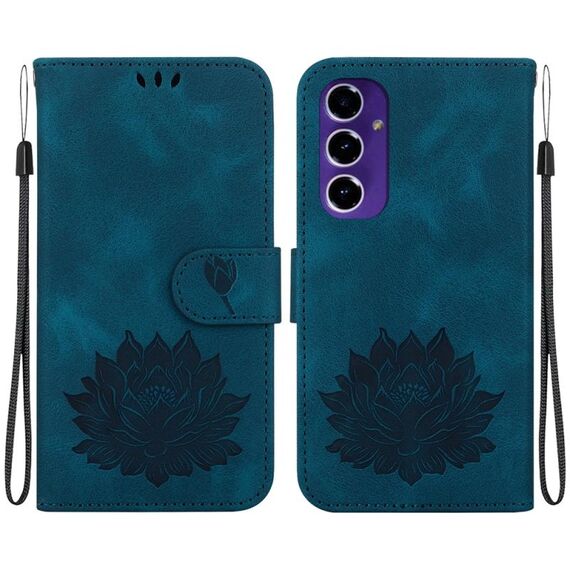 Custodia per telefono in pelle goffrata Lotus per Samsung Galaxy S24 FE 5G (blu scuro)