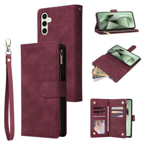 Per Samsung Galaxy S24 FE 5G Custodia in pelle per telefono multifunzionale con portafoglio multi-carta (rosso vino)