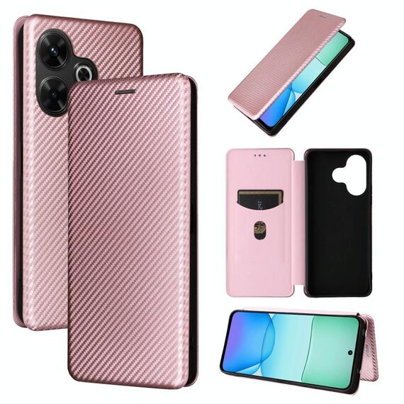 Per Redmi 13 4G Custodia in pelle con texture in fibra di carbonio (rosa)