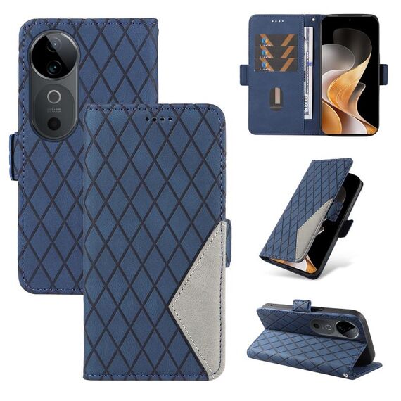 Custodia per telefono in pelle con reticolo rombico bicolore per vivo V40 5G (blu)