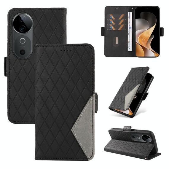 Custodia per telefono in pelle con reticolo rombico bicolore per vivo V40 5G (nera)