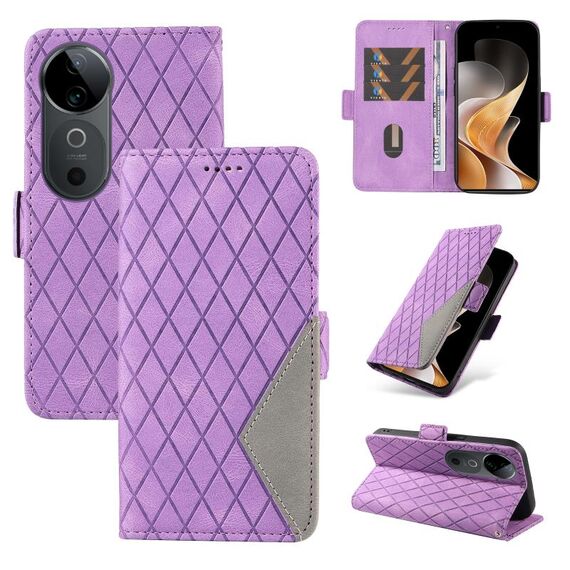 Per vivo V40 5G Custodia per telefono in pelle con reticolo rombico bicolore (viola)