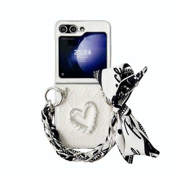 Per Samsung Galaxy Z Flip6 Custodia per telefono a copertura totale con motivo quadrato a forma di cuore 3D con sciarpa/braccialetto (Bianco)