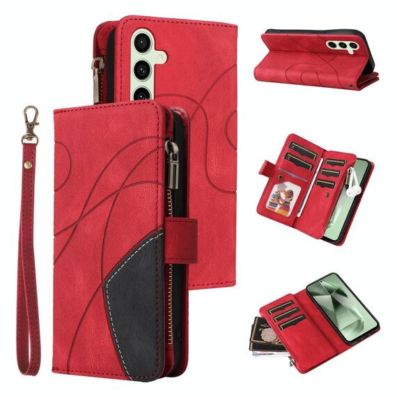 Per Samsung Galaxy S24 FE 5G Custodia per telefono in pelle a portafoglio con cerniera bicolore con 9 slot per schede (rosso)