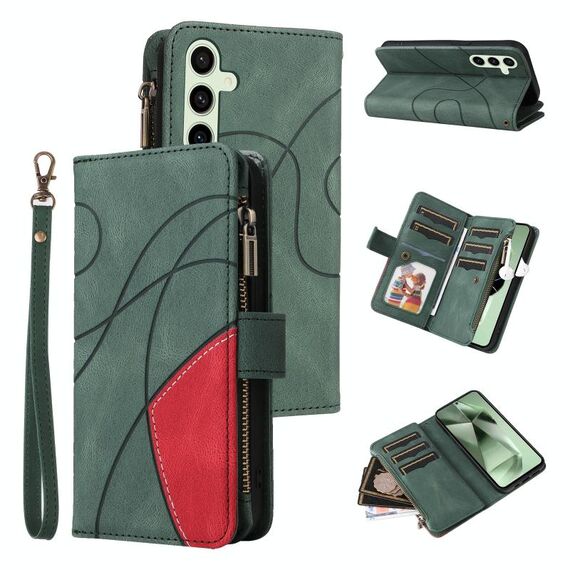 Per Samsung Galaxy S24 FE 5G Custodia per telefono in pelle con portafoglio e cerniera bicolore con 9 slot per schede (verde)