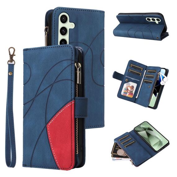 Per Samsung Galaxy S24 FE 5G Custodia per telefono in pelle con cerniera e 9 scomparti per carte bicolore (blu)