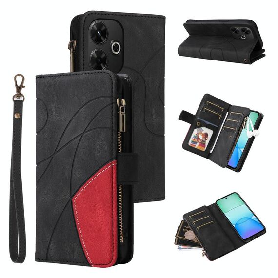 Custodia per cellulare in pelle con cerniera a portafoglio con 9 slot per schede Global Dual-color Redmi 13 4G (nero)