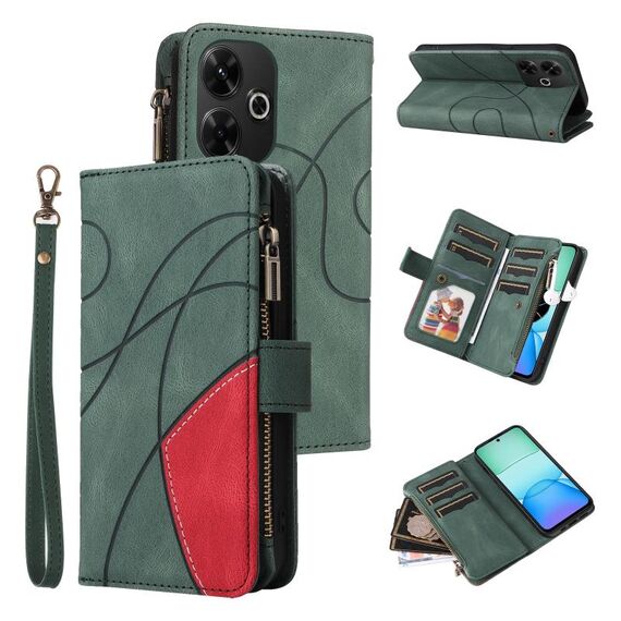 Custodia per cellulare in pelle con cerniera a portafoglio con 9 slot per schede Global Dual-color Redmi 13 4G (verde)
