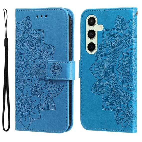 Per Samsung Galaxy S24 FE 5G Custodia per cellulare in pelle con fiori a sette petali (blu)