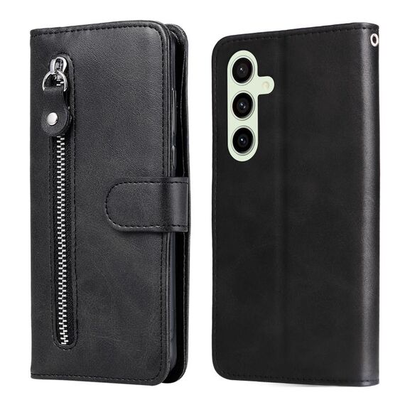 Per Samsung Galaxy S24 FE 5G Custodia per telefono in pelle con cerniera e texture di vitello alla moda (nero)