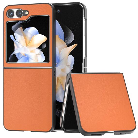 Custodia per telefono a copertura totale con cornice nera in pelle PU per Samsung Galaxy Z Flip6 (arancione)