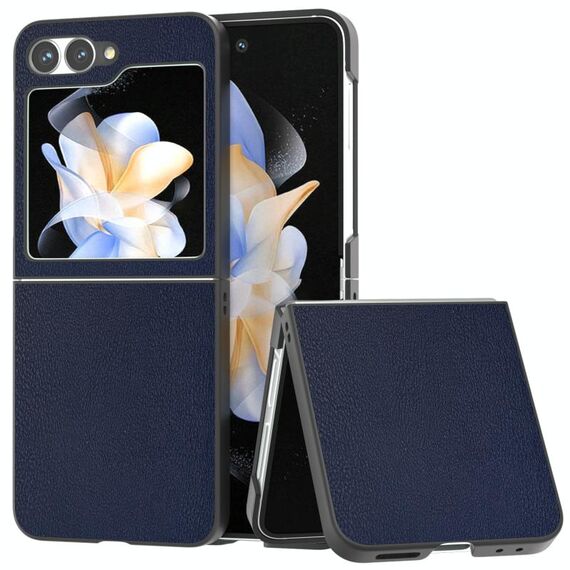 Per Samsung Galaxy Z Flip6 Custodia per telefono con copertura completa in pelle PU e cornice nera (blu scuro)
