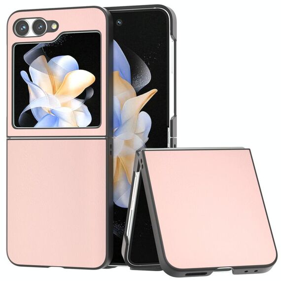 Per Samsung Galaxy Z Flip6 Custodia per telefono con copertura completa in pelle PU e cornice nera (rosa chiaro)