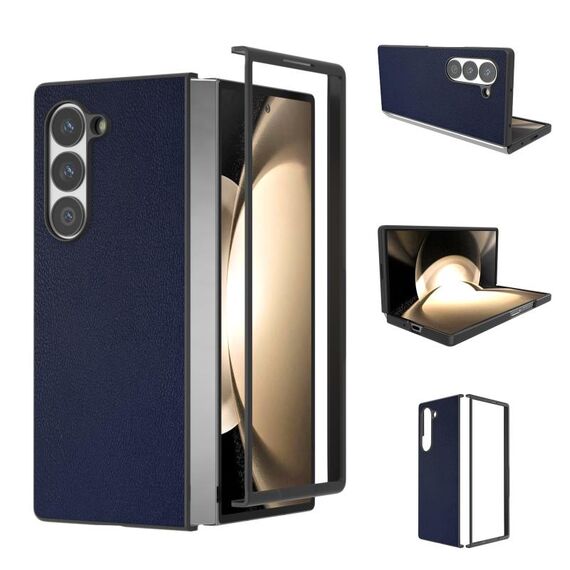 Custodia per telefono a copertura totale con telaio nero in pelle PU per Samsung Galaxy Z Fold6 (blu scuro)