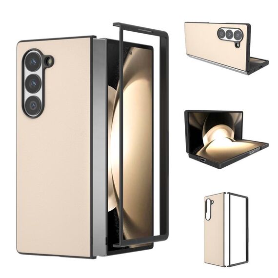 Per Samsung Galaxy Z Fold6 Custodia per telefono con copertura completa in pelle PU e cornice nera (rosa pesca)
