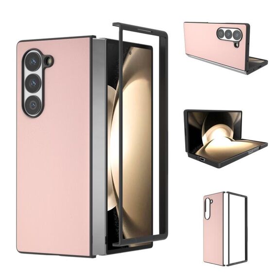 Per Samsung Galaxy Z Fold6 Custodia per telefono con copertura completa in pelle PU e cornice nera (rosa chiaro)