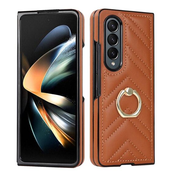 Per Samsung Galaxy Z Fold6 Custodia pieghevole a forma di V con anello rotante (marrone)