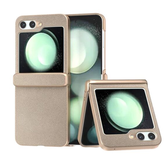 Per Samsung Galaxy Z Flip6 Custodia per telefono a copertura totale in pelle PU con sensazione di pelle in tre parti (Oro)